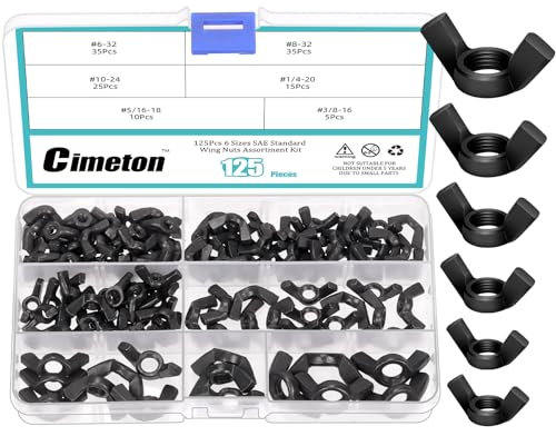 Cimeton 125PCS Wing Nuts Assortment Kits 3/8 5/16 1/4 #6#8#10 Carbon Steel Black Butterfly Nut Wing Nuts Fasteners Wingnuts Hand Twist Tighten Ear for Home Building Industry
