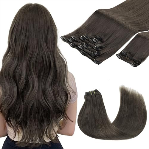 GOO GOO Clip in Extensions Echthaar, Echthaar Extensions Clip, 40cm 150g 9pcs, Extensions Echthaar, Haarverlängerung Echthaar, 1C Mocha Braun
