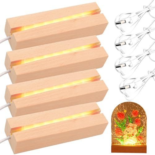 4 unidades de zócalos LED de madera, base de madera LED, base de luz LED, colores cálidos, soporte de madera USB, base de madera iluminada rectangular para bloque de cristal, cristal, resina, adorno