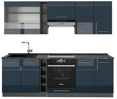 Vicco Küchenzeile Fame-Line, Dunkelblau Hochglanz/Anthrazit, 235 cm ohne Arbeitsplatte