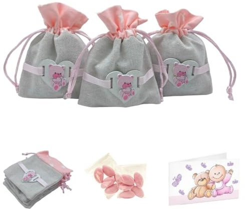 Doni Bomboniere Set Bomboniere Compleanno Battesimo Nascita 12 Sacchetti Misto Juta Cotone Rosa Portaconfetti con Orsetto 12 Bustine Confetti Rosa 12 Bigliettini da Personalizzare Festa Gadget