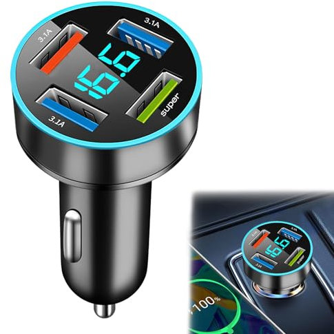 4 Ports Chargeur Voiture Allume Cigare USB, Prise USB Voiture avec LED Voltmètre, Adaptateur Charge Rapide, Compatible avec iPhone, Android, Samsung, iPad - Compact et Léger, Sécurité Avancée