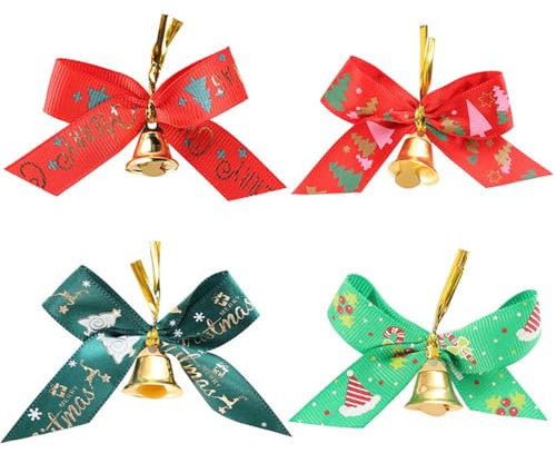 NIXNUT 12pcs Christmas Tree Bows Ribbon Hanging Decorations with Bell Ornaments Pendant for New Year Xmas Party Red Green