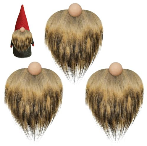 Weihnachten Wichtel Bart, 3 Stück Kunstpelz Stoff Plüsch Wichtel Bart und Holzkugeln Set, Vorgeschnittener Wichtel Figuren Bart, Weihnachten Wichtel Zubehör, für Weihnachten Deko DIY Basteln (Braun)