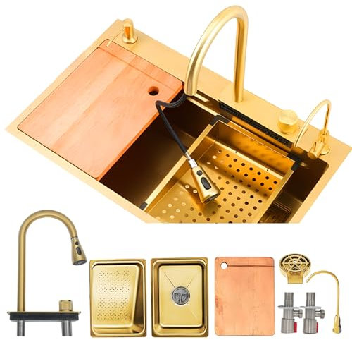 KOOGIMDDR 68×45cm Fregadero oro Con Cascada, Juego Fregadero de cocina para el lugar de trabajo con Grifo Cocina Extraible, Fregadero de Cocina de 1 Cubeta con Kit de Drenaje Filtro