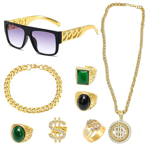 Occtingkind 8 Stück Zuhälter Kostüm,Hip Hop Rapper Kostüm,80er 90er Jahre Outfit Herren Hip Hop,Dollar Kette/Große Goldene Kette/Dollar Ring/Goldenes Armband für Karneval Fasching Mottoparty