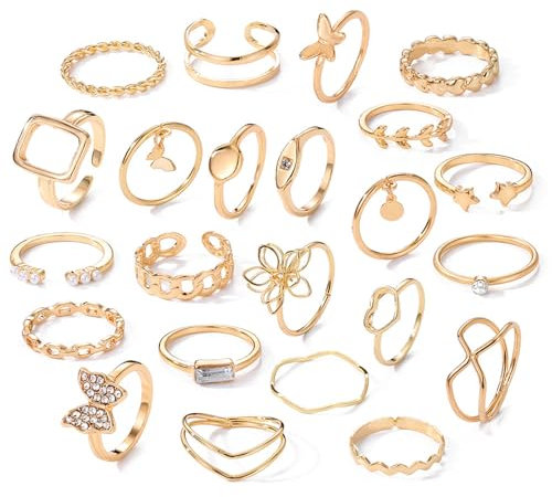 XSDSLS 20-31 Stück Vintage Knuckle Rings für Damen Böhmische Stapelbare Ring Gold Silber Offene Daumen Ringe Set Midi Finger Ringe Schmetterlings Herz Fingerring für Frauen (Gold Set 2-23 Stück)