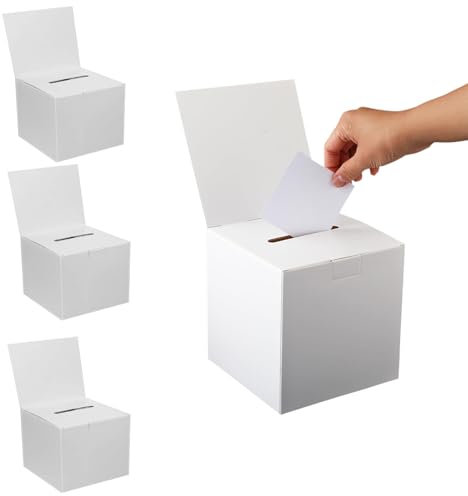 4er Pack Wahlurne aus Karton, Gewinnspielboxen, Spendenwahlkisten mit Einwurfschlitz & abnehmbarer Kopfzeile, Vorschlagsbox für Spenden, Spendenaktionen, Abstimmung und Vorschlagssammeln, Weiß