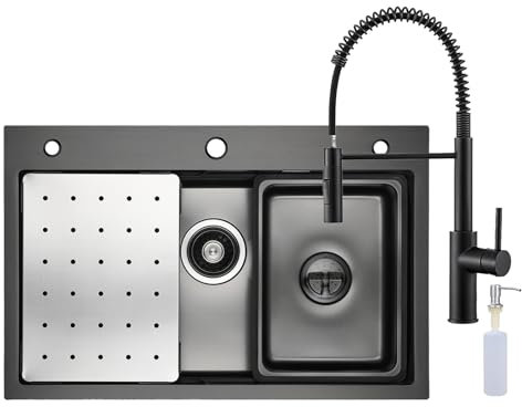 CECIPA Evier Cuisine Noir(Anthracite) avec Robinet Cuisine Ressort Spirale, 70x45 CM Grand Evier et Distributeur de Savon, Evier de Cuisine et Évier Mobile et Planche à Découper