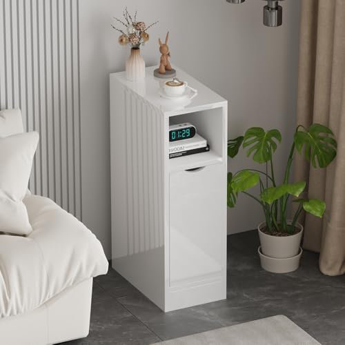 Rainbow Tree Slim Tall Bedside Table Cabinet with Door&Storage Space for Bedroom, High Gloss Narrow Sofa Side Table End Table for Living Room, Nightstand High Gloss White