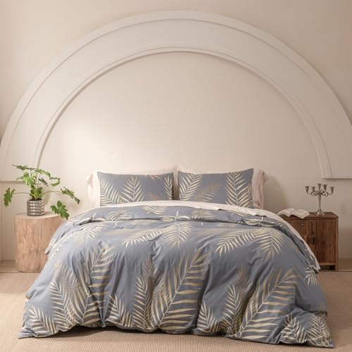 YASMENG Housse de Couette 200x200 Feuilles de Palmier Tropicales Motif Or Gris Parure de Doux Microfibre Lit Linge de Lit 2 Personne Adulte avec Fermeture Éclair avec Taies d'oreiller 65x65 cm