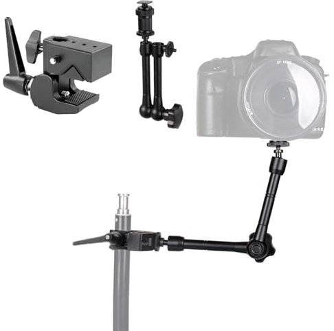 BOLLUMA Super Clamp with 11 Friction Articulating Magic Arm Extension, Hot Shoe Mount, 1/4 Thread Screw Adapter for Camera, LCD/DV Monitor, LED Light, Microphone, Light Stand, Shelves, Corssbar