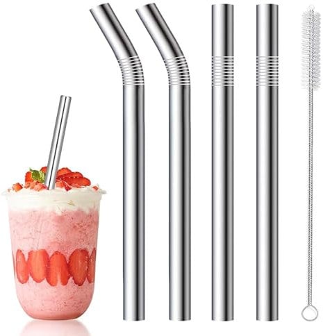 4Pcs Bubble Tea Straws 10mm Wide Straws, 215mm & 265mm Stainless Steel Drinking Straws Suitable for Cocktail, Milkshake, Cold/Hot Drinks (2 Straight + 2 Bent + 1 Brush, Silver)