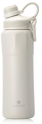 SANTECO Trinkflasche Edelstahl mit Verlustsichere Deckels, Thermosflasche 830ml BPA-Frei mit Tragering, Wasserflasche Auslaufsicher Isolierflasche Spülmaschinenfest für Fahrrad Wandern Weiß