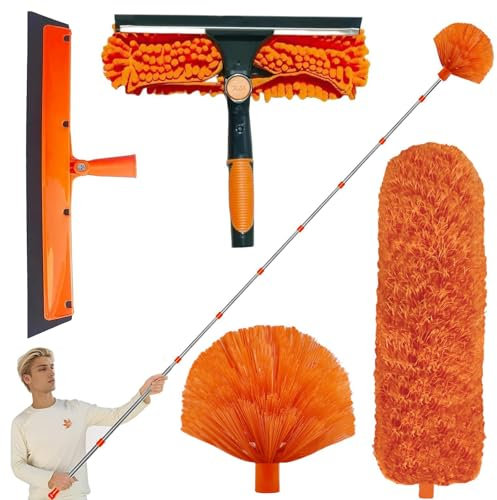 PUSHI Store - Kit de plumero (6 m, extensión de 1,5 a 4,9 m, plumero de telaraña con palo telescópico, raspador de ventana con cepillo de fregadero, cepillo de telaraña