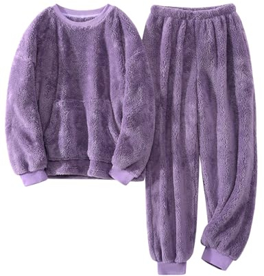 Niwicee Womens Pyjamas Fleece Pyjamas Set Winter Soft fluffy Ladies 2 Piece Pjs Loungewear Set Warm Crew Neck Longsleeve Tops and Thermal Bottoms Nightwear Sleepwear with Pocket S-XXL