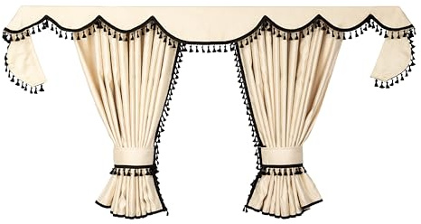 LKW Vorhänge passend für MAN TGX/TGS/TGL/TGA/TGM – 7-teiliges Gardinen-Set Beige-Schwarz mit 4 cm Quasten, Borde & Haken – Fahrerhaus Kabine Innenraum Deko