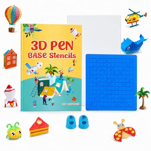 Pochoirs Stylo 3D Set, Livre de Modèles pour Stylo 3D avec 65 Motifs, Plaque de Dessin Transparente, Tapis Silicone 17,7 cm, 2 Protège-Doigts, Accessoire Stylo 3D Enfant Débutant DIY