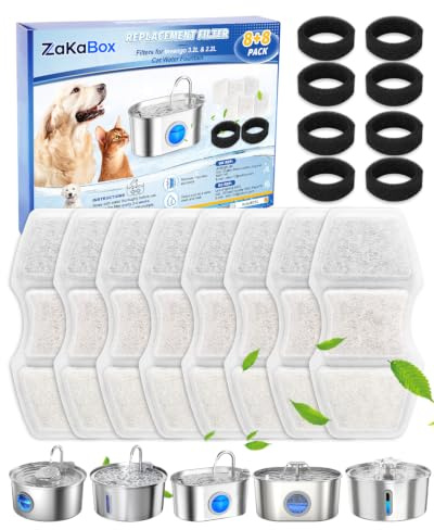 ZaKaBox 16 Pack Filters for Invengo 3.2L & 2.2L Cat Water Fountain | 5-Layer Filtration, Improves Taste, Encourages Drinking, Pump Protection, 8 Cat Water Fountain Filters + 8 Sponges
