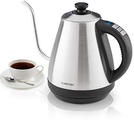 Klarstein Garcon - Electric Kettle, Tea Maker, 1 L, 2000 Watts, Keep-Warm Function, Gooseneck, Precise Temperature Setting, 40 ° C to 100 ° C, LED Display, Stainless Steel, 1.5 kg, Silver