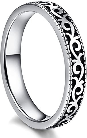Cloyo Edelstahl Ring Frauen Silber Schwarz Ehering Ringe Keltischer Vintage Schmuck Damen Verlobungsringe Paar mit Blume Größe 57(18.1)