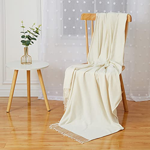 CAROMIO Wohndecke, Weich Chenille Kuscheldecke mit Quaste Sofadecke Schlafdecke Decke Strick Wolldecke fürs Bett Sofa Büro 127 x 152 cm(50 x 60) Creme