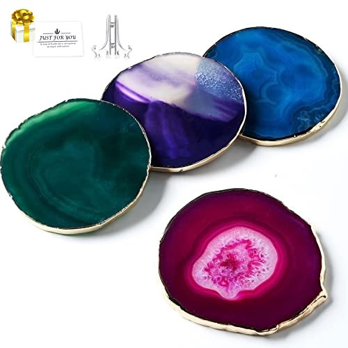 Achat-Untersetzer-Set, 4 Stück, blau, grün, lila, natürliche große Achatscheiben, Kristall-Untersetzer für Getränke, dekorative Geodenstein-Untersetzer für Heimdekoration