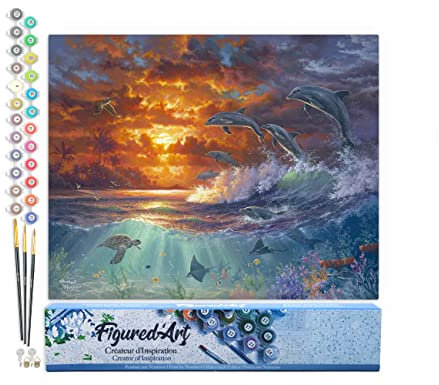 Figured'Art Peinture par Numéro Adulte Océan et coucher de soleil - Activité Manuelle Kit de Loisir Créatif DIY Numéro d'Art Complet - 40x50cm sans châssis en bois