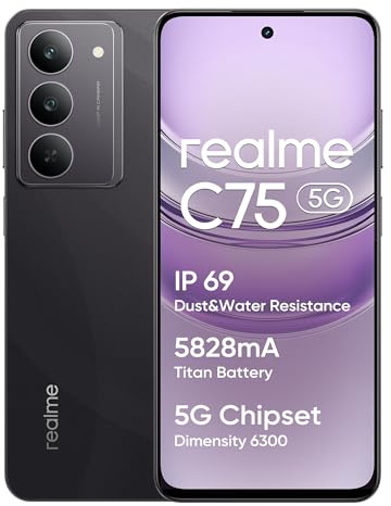 realme C75 5G Smartphone 8+256 Go, IP69, Batterie 5828 mAh, Chipset Dimensity 6300 5G, Appareil Photo Ultra Nét 50MP, Écran Eye Comfort 120Hz, Noir.