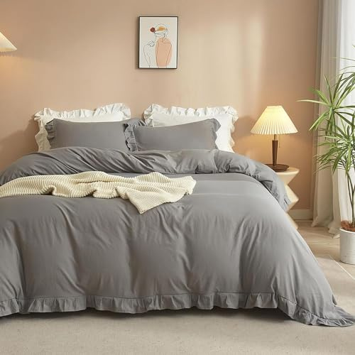 Lanqinglv Rüschen Bettwäsche 155x220 Grau Schwarz Blumen Stickerei Mädchen | Romantisch Bettwäsche für Allergiker,Landhausstil,Microfaser Aesthetic Bettbezug mit Reißverschluss und 1 Kissenbezug 80x80