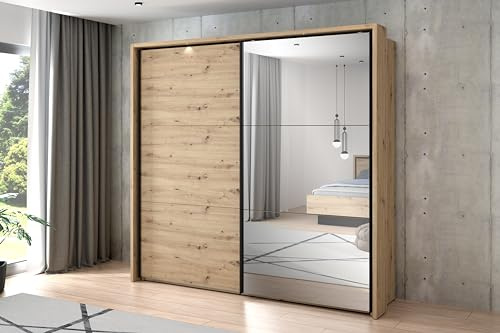 FORTE Trondheim Schrank 230 240, Kleiderschrank mit Spiegel LED Beleuchtung Schwebetürenschrank groß Schlafzimmer Holzdekor: Artisan Eiche/Schwarz Eiche, 231 cm breit x 216 cm hoch x 64 cm tief