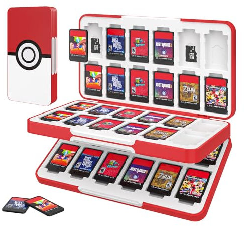 MoKo Spiel Aufbewahrungsbox Kompatibel mit Nintendo Switch 2/Switch OLED 2021/Lite, Game Case mit 48 Game Card Slots & 24 SD Card Slots, Schlank Tragbar Spiele Organizer, Pokéball