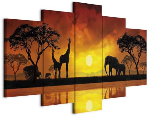 B&D XXL - Quadro Africa Animali 150x75 cm 5 pezzi Stampa su tela XXL Immagini moderni Murale Fotografia Grafica Decorazione da parete Paesaggio Natura arancione nero Tramonto 030112-68