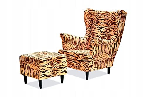 Family Meble Ohrensessel mit Hocker, Modell Print, Skandinavisch, Relaxsessel aus Webstoff, Loungesessel, Ohrensessel mit Hocker, Bequemer Sessel, Für Wohnzimmer, Esszimmer, Schlafzimmer, Tiger