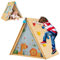 GYMAX Kids Wooden Playhouse, 2 in 1 Play Tent with Rock Climbing Wall, Ring Bell & Door Curtain, Outdoor Indoor Triangle Toddler Climber for 3-8 Years Old Boys Girls