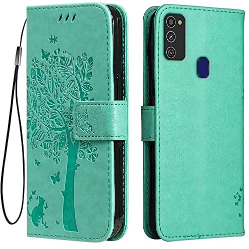 Topme Leder Tasche Hülle für Samsung Galaxy M21 / Galaxy M30s (6.4 Inches), [Katzen- Und Baummuster-Stil Handytasche] - Grün