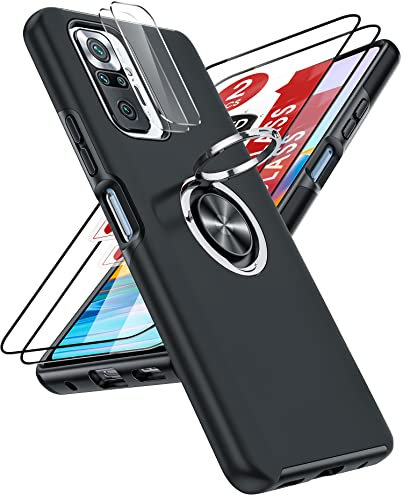LeYi Hülle für Xiaomi Redmi Note 10 Pro/Note 10 Pro Max Handyhülle kompatibel mit 2*Panzerfolie & 2*Kamera Folie, TPU+PC Hybrid Schutzhülle mit 360° Drehbar Ring Halter Ständer Stoßfest Case Schwarz