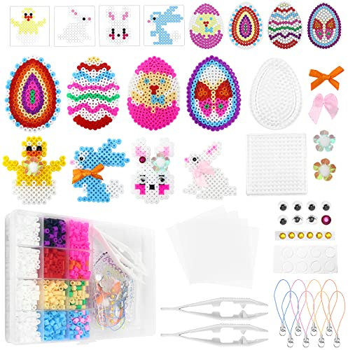 Homgtay Bügelperlen Ostern Set, 5mm Steckperlen mit 2 Steckplatte, 8 Muster Vorlagen Hase Ei, 4 Bügelpapier, 8 Anhänger und Zubehör zum DIY Basteln Handwerk Geschenk für Kinder Jungen Mädchen