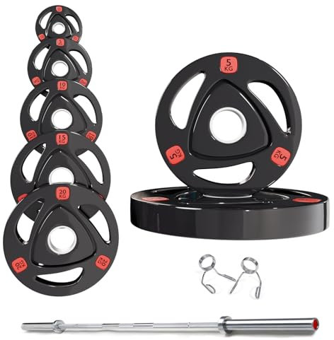 Strongway® Olympic 50KG 70KG 100KG Tri Grip Weight Plates Sets with 6FT 7FT Barbell - 2 Inch (2) / 50mm Hole - Rubber Coated Cast Iron Weight Lifting Bar (100KG SET + 6FT BAR)