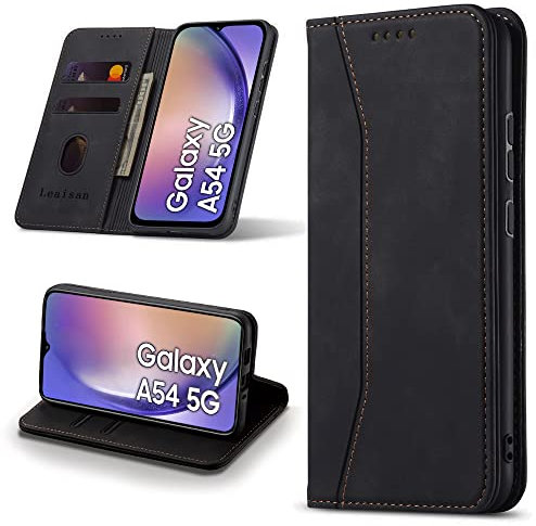Leaisan Handyhülle für Samsung Galaxy A54 5G Hülle Premium Leder Flip Klappbare Stoßfeste Magnetische [Standfunktion] [Kartenfächern] Schutzhülle für Samsung Galaxy A54 5G Tasche - Schwarz