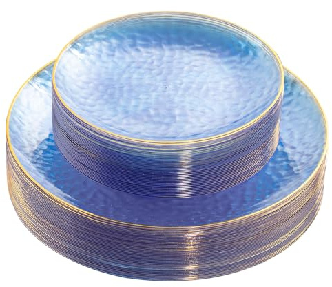 Rubtlamp 60Pcs Clear Blue Plastic Plates, Hammered Blue Plates, Clear Fancy Disposable Plates With Gold Rim Include 30 Dessert Plates, 30 Dinner Plates for Party