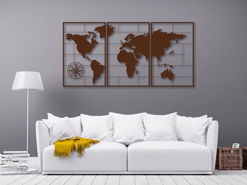 VAILLA ® Weltkarte Bilder, Karte Wand deko, Große 3er-Set Wanddekoration aus Holz,Wandbilder Home Wall Art Dekoration, Moderne Deko,3d Bilder für Schlafzimmer, Wohnzimmer, Büro (Weltkarte 4)