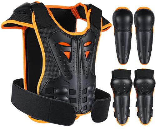 JUSTDOLIFE Motorrad-Schutzausrüstung für Kinder, 5 Stück 2024 Neues Modell Atmungsaktiv Kreativ Ausrüstung für Motocross Kinder für Jedes Terrain Radfahren Skifahren Skaten (Schwarz-Orange)