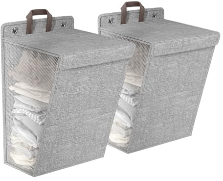 Esoes 2 Pack Wäschekorb Faltbar 60L Wäschesammler, Wäschekorb mit Deckel mit Griffen, Aufhängbar für Badezimmer, Schlafzimmer, Wohnzimmer-Gray
