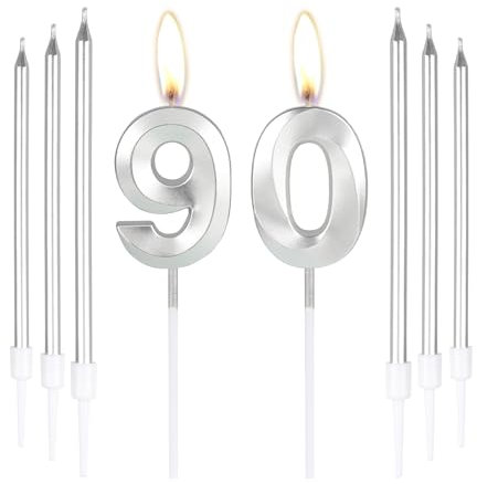 mciskin Silver 90 Birthday Candles-3D Number 90 Candle for Cake with 6pcs Long/Thin Candles Set,Silver Cake Topper for Women Men 90th Birthday Decorations Supplies,90th Wedding Anniversary Décor