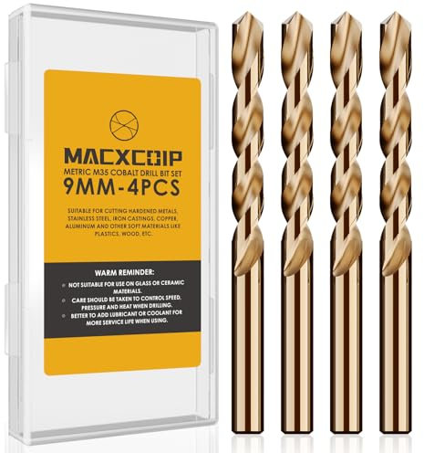 MACXCOIP Metric 4Pcs M35 Cobalt Drill Bit Set, 9mm HSS Cobalt Jobber Drill Bits, for Hardened Metals, Stainless Steel, Cast Iron and Wooden Plastics