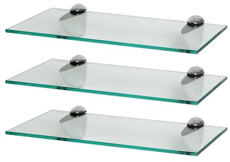 Harbour Housewares 3X Klar 40cm Schwebende Wandregale aus Glas - Badezimmer Dusche Küche Regale Lagerung Anzeigeeinheit mit Silberne Klammern