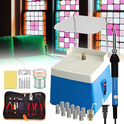 Wrobelax Stained Glass Starter Kit,Professional Start up Set,with glass grinder machine Glass Cutter Tool Kit Soldering Iron Kit Copper Foil Tape Solder Wire Finger Sleeve