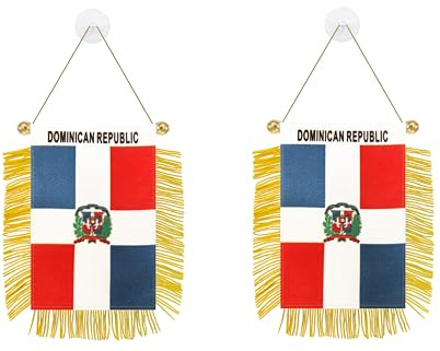 Rotenl Dominikanische Republik Fensterflagge, klein, zum Aufhängen, 7,6 x 12,7 cm, Dominikanische Republik, Auto-Flagge, Banner mit goldener Fransenquaste und Saugnapf, Wand, Tür und Rückspiegel-Dekor