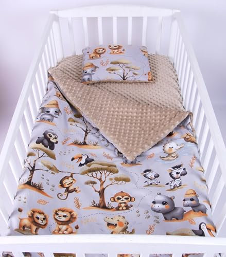 Babylux Babydecke 75x100 cm mit Kissen 30x35 cm – Kuscheldecke aus Minky & Baumwolle – Krabbeldecke für Kinderwagen, Babybett & Spielgruppe (K149 - Beige + Dschungel)